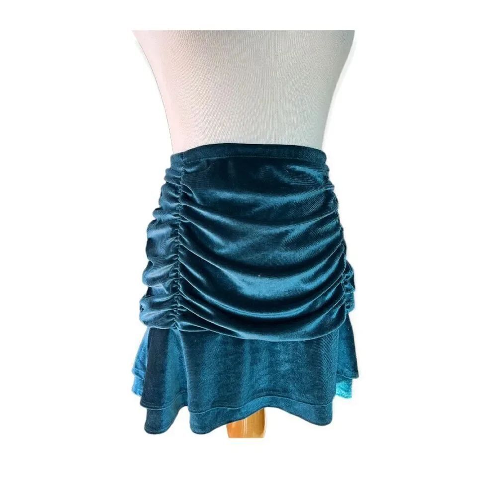 NWT Womens Wild Fable Turquoise Ruched Crushed Velvet Mini Skirt - Sz M